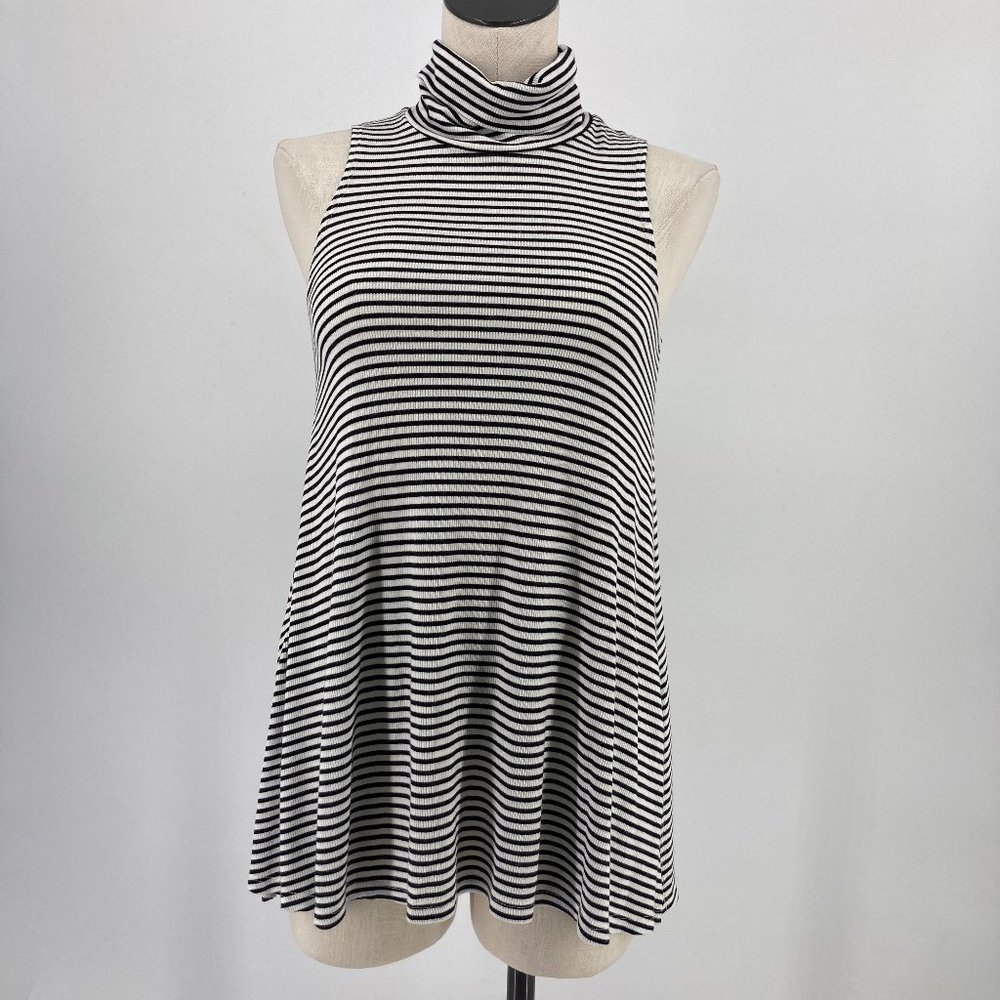 Anthropologie Puella Top Mock Neck Tunic Black White Stripe Stretch Size Small